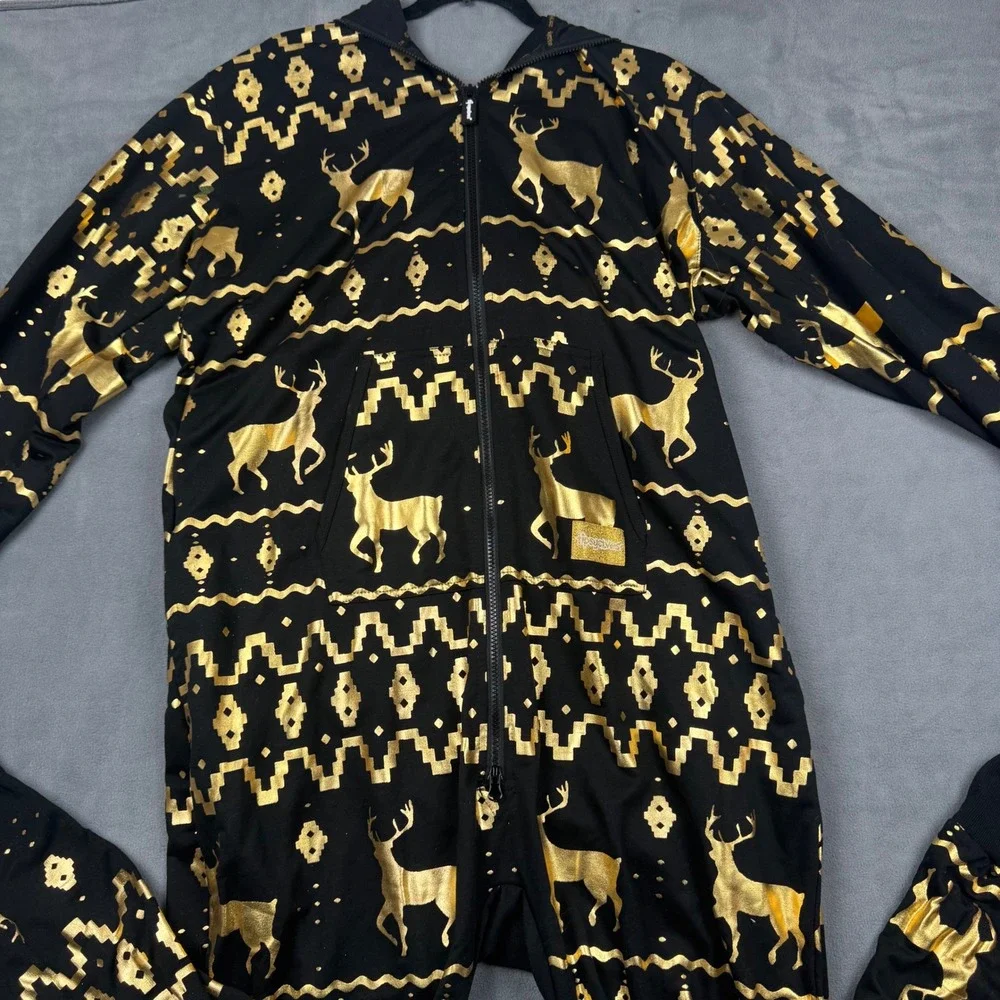 Tipsy Elves Mens XL Black Gold Metallic Reindeer Fair Isle Hooded Jumpsuit - Picture 7 of 11